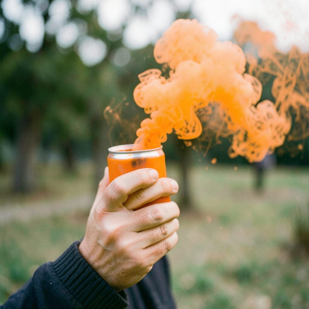 A photographer holding a canister of bright orange smoke against a softly blurred outdoor background