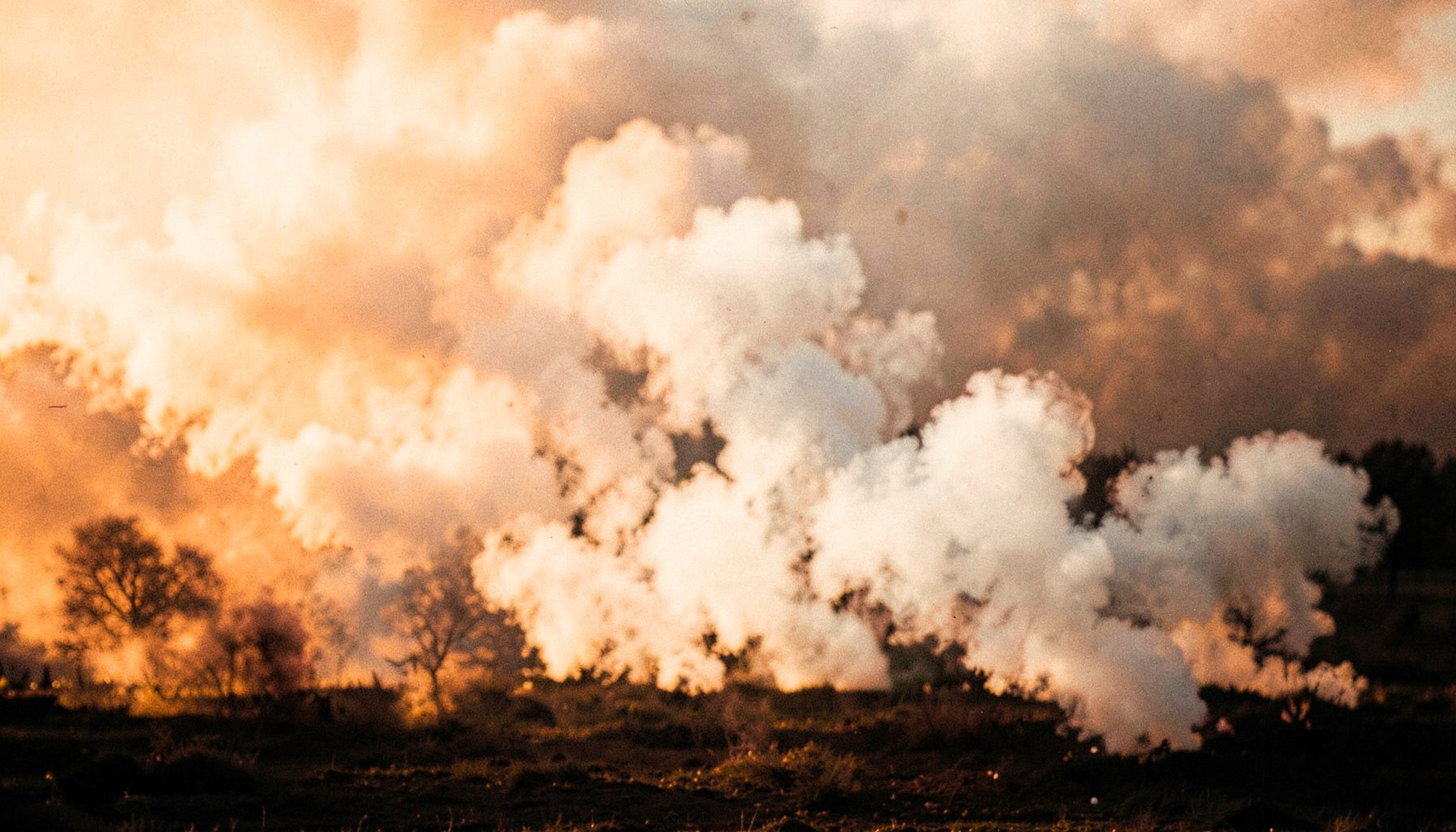 Plumes of pale grey and white smoke drifting through open air at golden hour, soft and cinematic