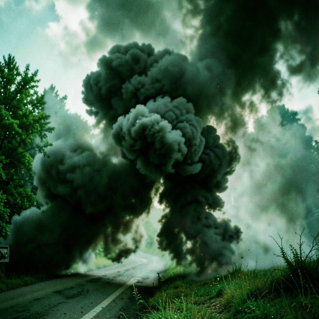 A ring-pull smoke grenade releasing a thick column of dark smoke, industrial and powerful
