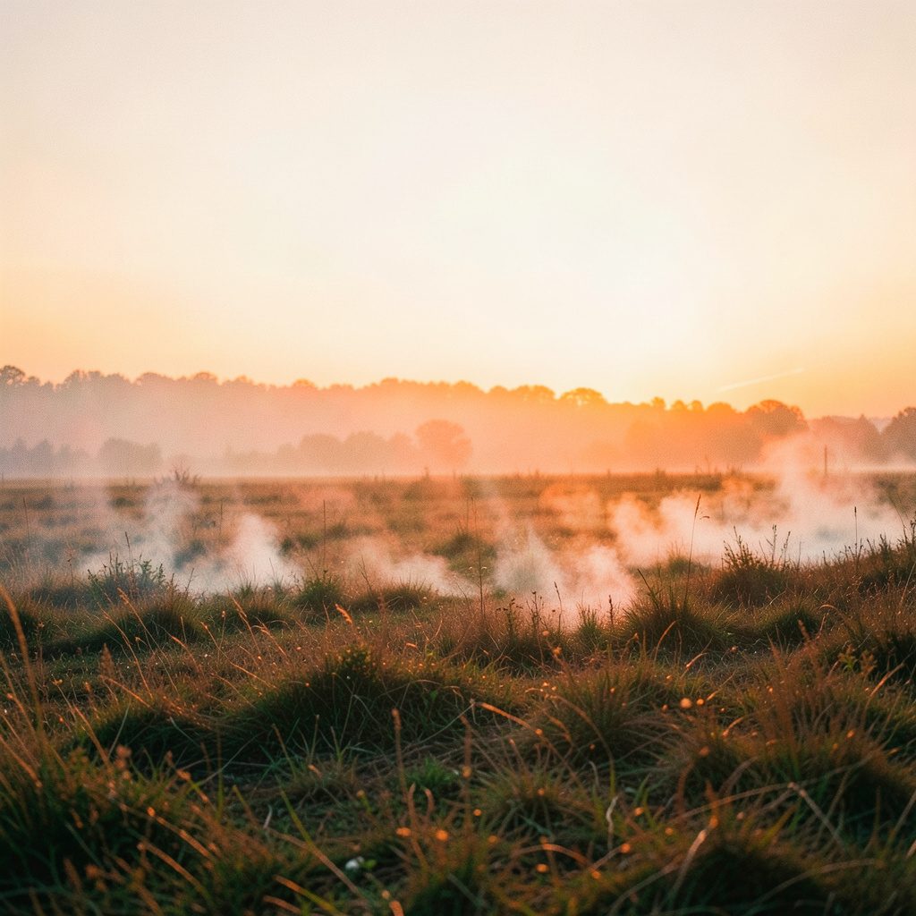 Wide documentary-style shot of a hazy field at dusk with thin layers of smoke drifting low across the grass